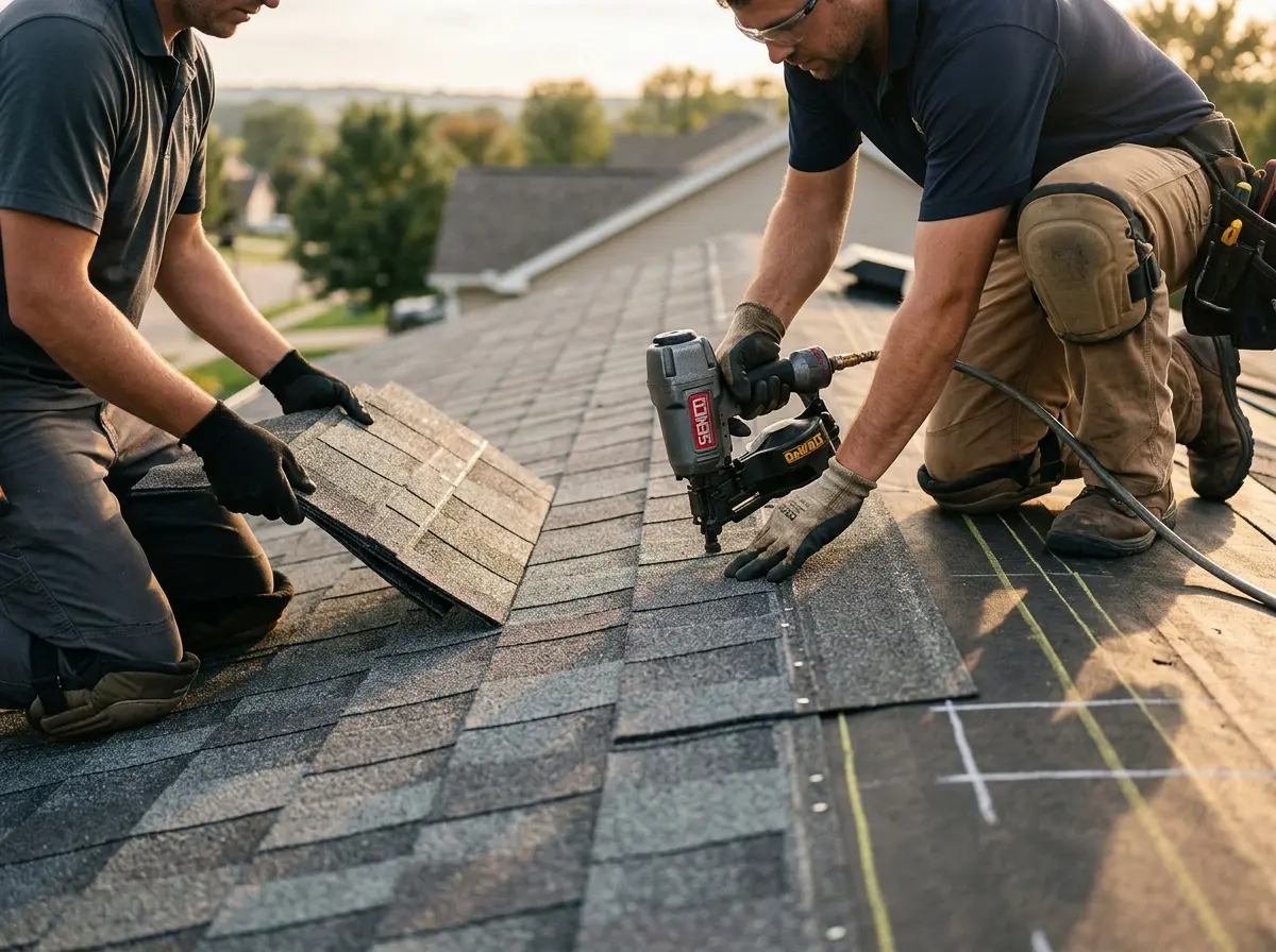 Professional roofer working on a residential roof in Harvard